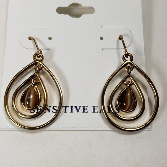 Croft & Barrow Polished Gold tone Double Hoops, Brown Fishhook Drop Earrings 1.5 - Picture 3 of 8